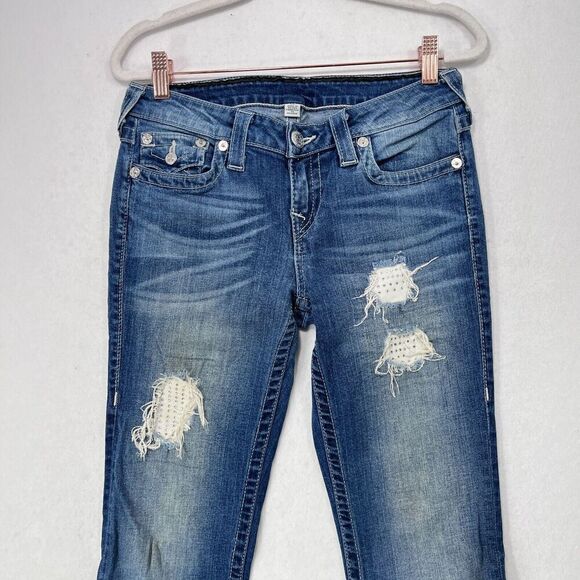 Vintage True Religion Jeans Women 28 Blue Boot Cut Distressed Rhinestones Y2K - Picture 5 of 15